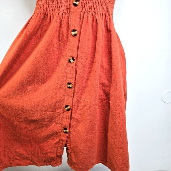 Women's Terra Cotta  Shoulder Tie Skater Smocked Button Front Mini Boho Dress - Picture 7 of 10
